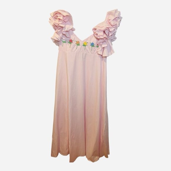 FANM MON Demre Linen Embroidered Maxi Dress Medium Ruffle Sleeve - Picture 2 of 8